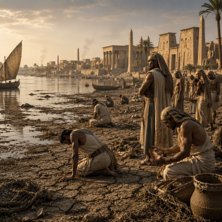 Ancient Egypt humbled beside the Nile, reflecting judgment and restoration in Isaiah 19.