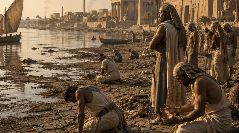 Ancient Egypt humbled beside the Nile, reflecting judgment and restoration in Isaiah 19.