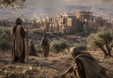 Ancient fields with a small remnant near a fading city, reflecting the judgment message of Isaiah 17.