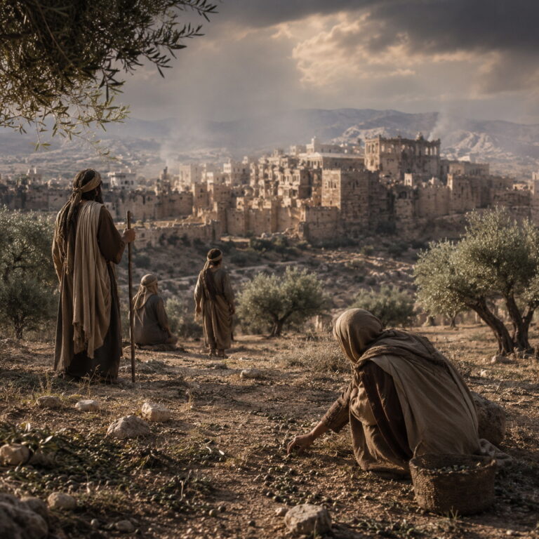 Ancient fields with a small remnant near a fading city, reflecting the judgment message of Isaiah 17.