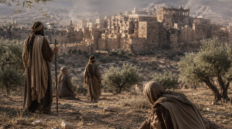 Ancient fields with a small remnant near a fading city, reflecting the judgment message of Isaiah 17.