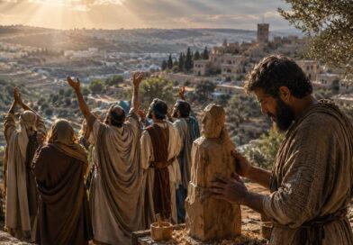 Israelites worship the true God while a craftsman reflects on a wooden idol in Isaiah 44