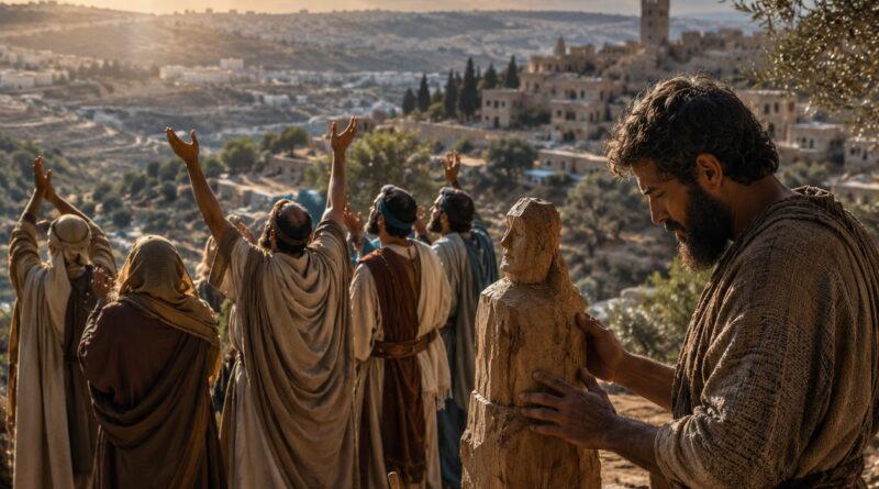 Israelites worship the true God while a craftsman reflects on a wooden idol in Isaiah 44