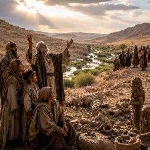 Weary Israelites in the wilderness comforted by God’s promise while powerless idols lie nearby in the message of Isaiah 41