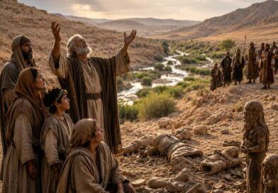 Weary Israelites in the wilderness comforted by God’s promise while powerless idols lie nearby in the message of Isaiah 41