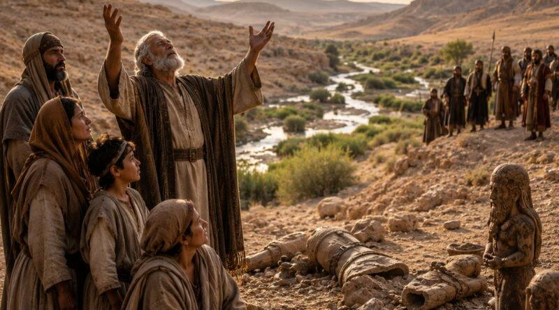 Weary Israelites in the wilderness comforted by God’s promise while powerless idols lie nearby in the message of Isaiah 41