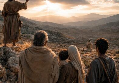 Weary people in the Judean wilderness receiving comfort and hope in the message of Isaiah 40