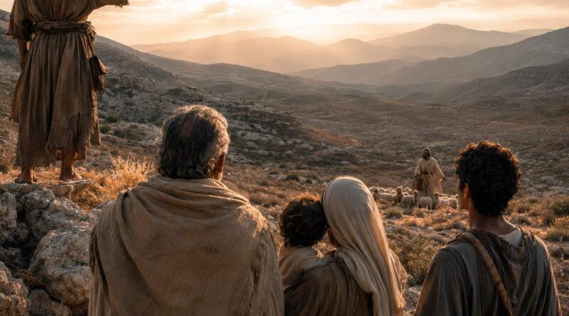 Weary people in the Judean wilderness receiving comfort and hope in the message of Isaiah 40