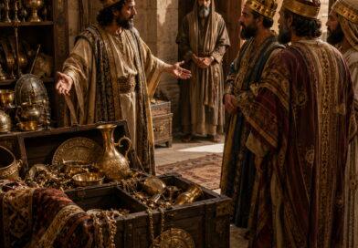 King Hezekiah showing Judah’s treasures to Babylonian envoys in the warning context of Isaiah 39