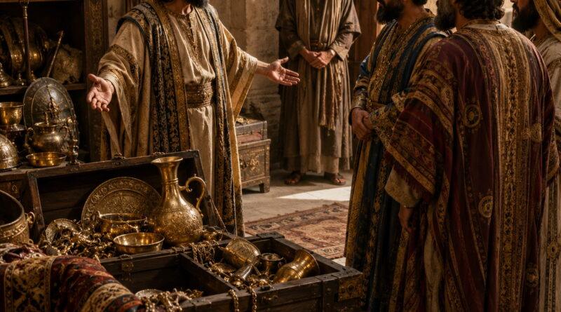 King Hezekiah showing Judah’s treasures to Babylonian envoys in the warning context of Isaiah 39