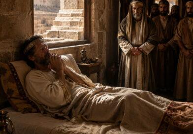 King Hezekiah praying from his sickbed in ancient Jerusalem as Isaiah 38 shows God’s mercy and healing