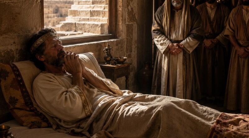 King Hezekiah praying from his sickbed in ancient Jerusalem as Isaiah 38 shows God’s mercy and healing