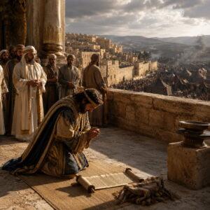 King Hezekiah praying in ancient Jerusalem as Assyria threatens the city in the context of Isaiah 37