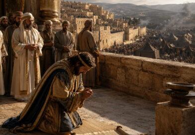 King Hezekiah praying in ancient Jerusalem as Assyria threatens the city in the context of Isaiah 37