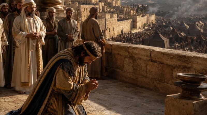 King Hezekiah praying in ancient Jerusalem as Assyria threatens the city in the context of Isaiah 37